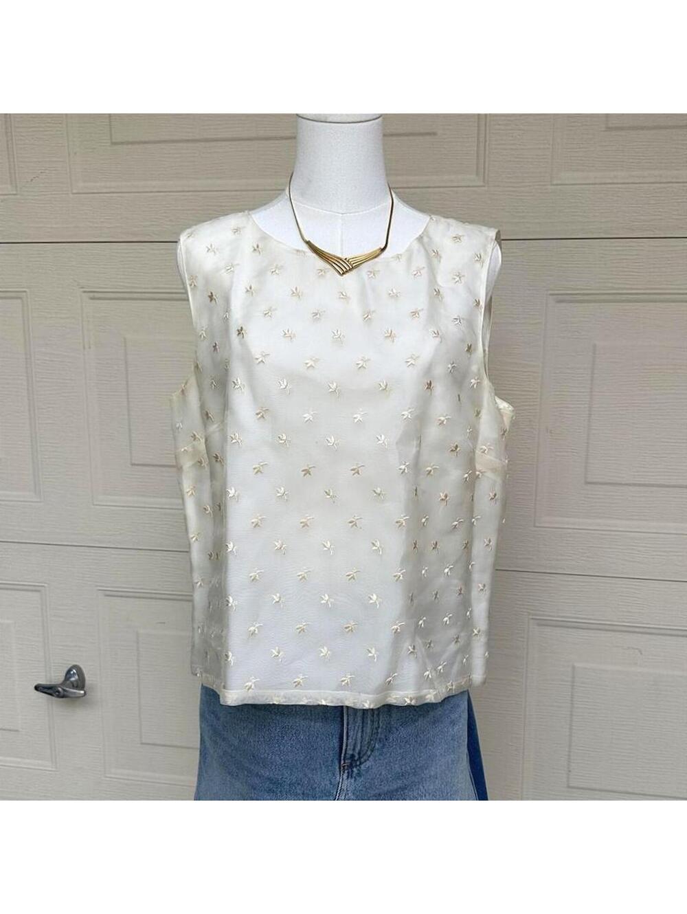 100% Silk 90s Talbots Sleeveless Cream Embroidered Top w/ Button Back (14)